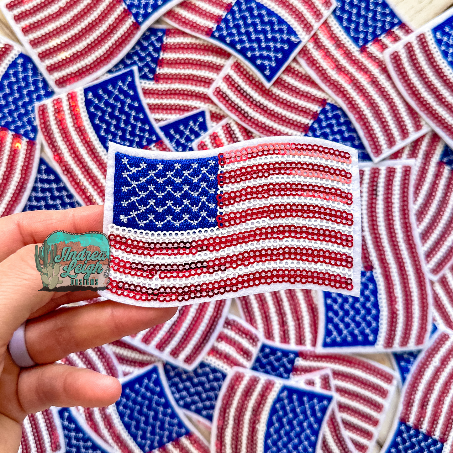 Wavy American Flag Sequin and Embroidered Patch