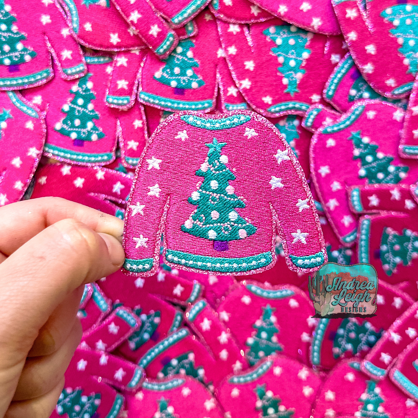 Glitter Turquoise and Pink Christmas Sweater Embroidered Patch