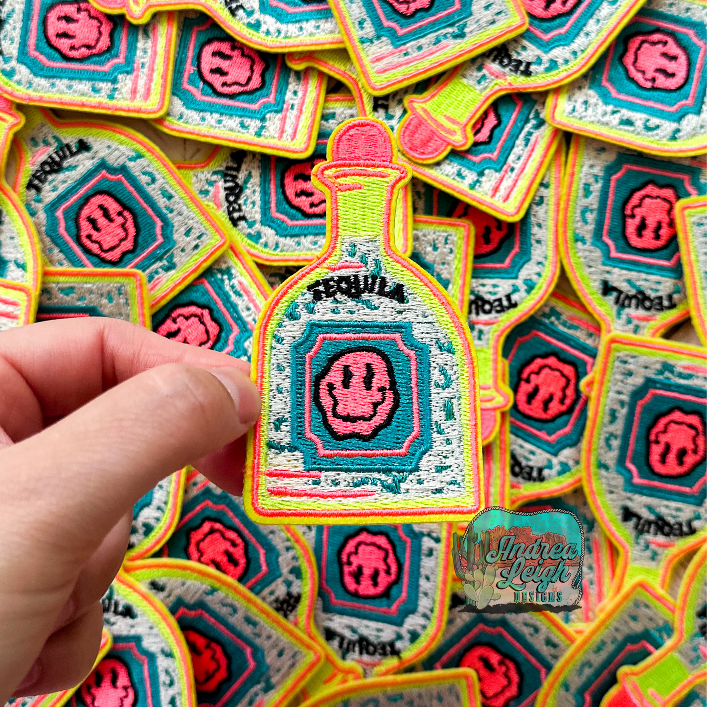 Tequila Bottle Pink Happy Face Embroidered Patch
