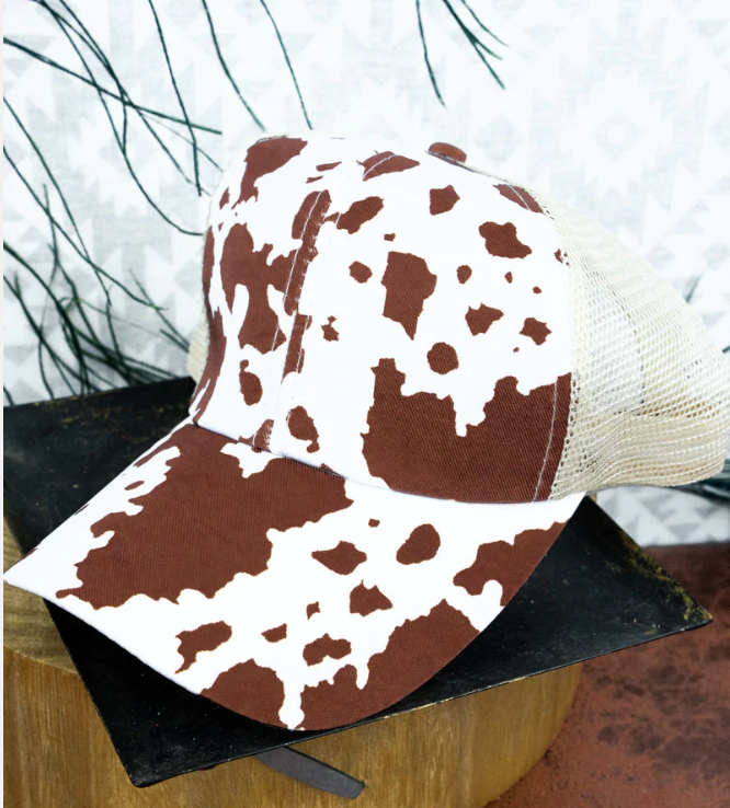 Brown Cow Print Mesh Ponytail Cap