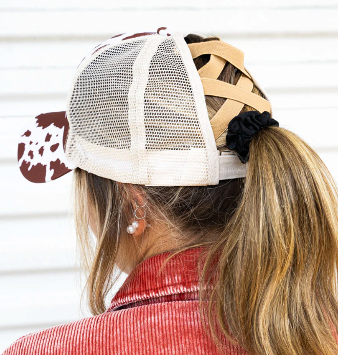 Brown Cow Print Mesh Ponytail Cap