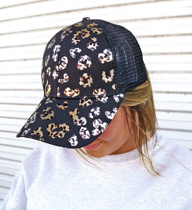 Black Leopard Print Mesh Ponytail Cap