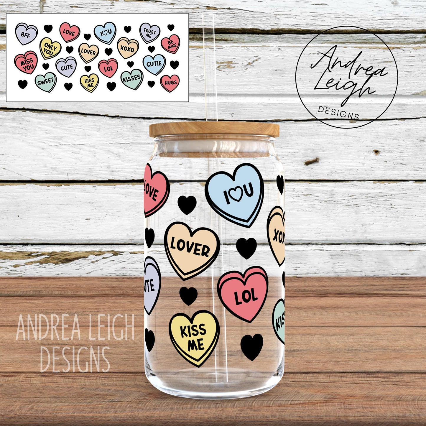 Candy Hearts Sublimation Glass Can Wrap