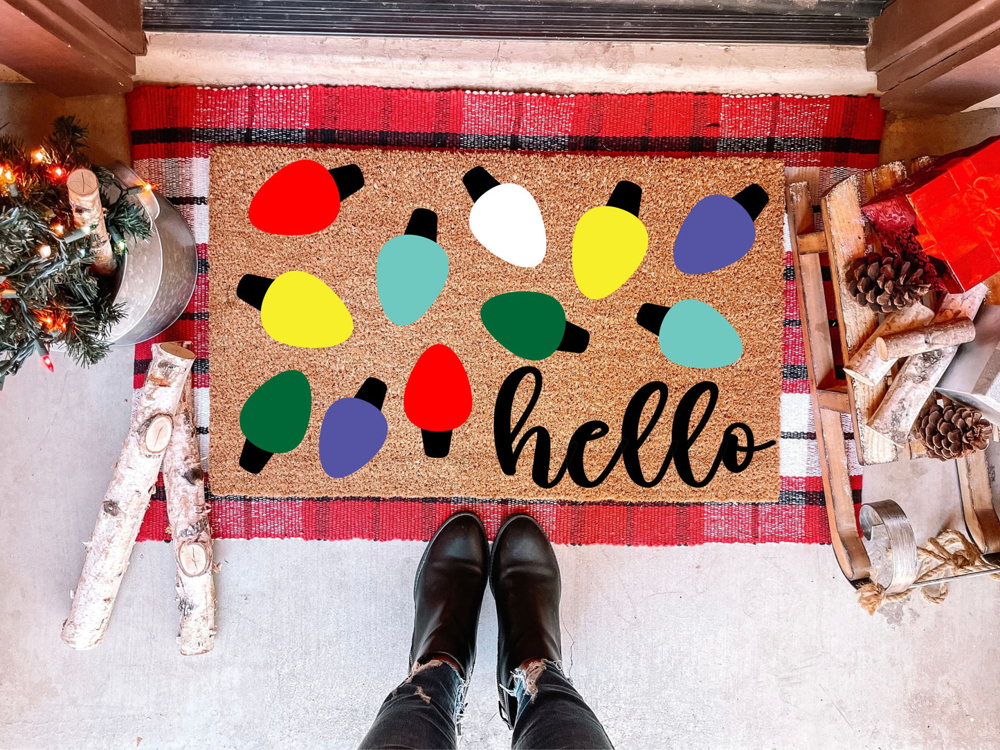 Hello Christmas Lights Doormat