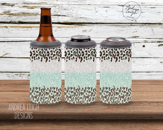 Leopard Teal Glitter 4 in 1 Can Cooler