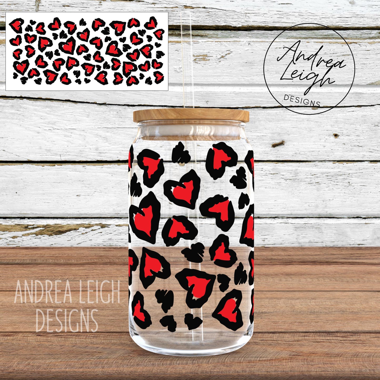 Leopard Red Hearts Sublimation Glass Can Wrap