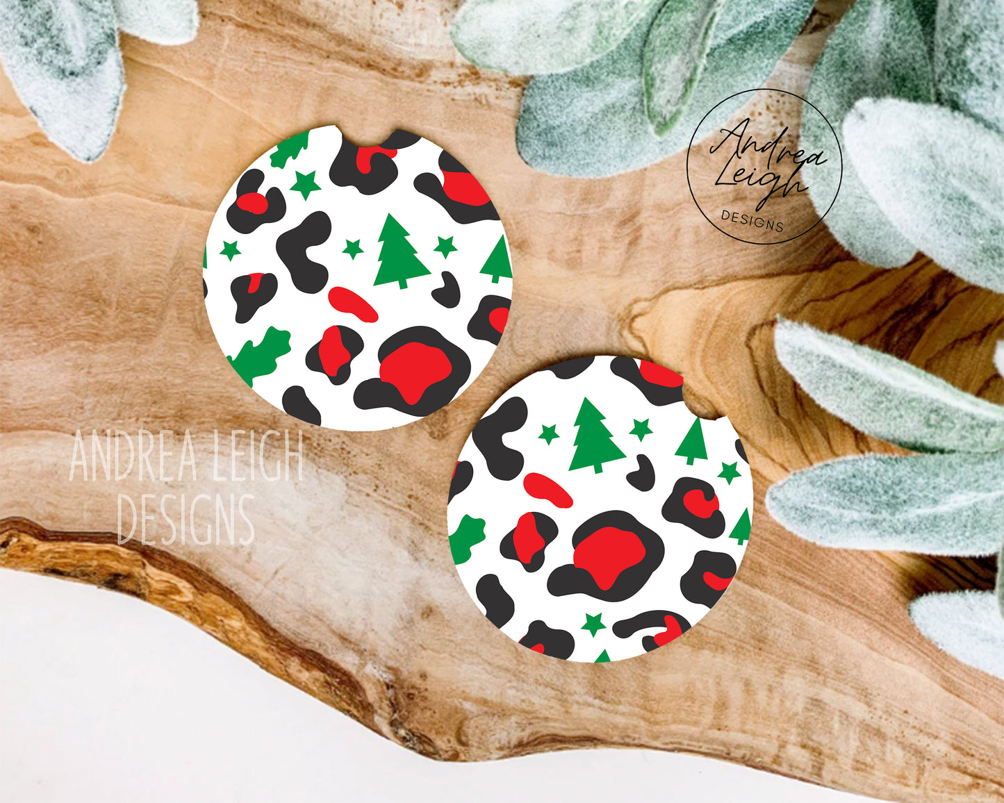 Leopard Print & Christmas Trees Car Coasters