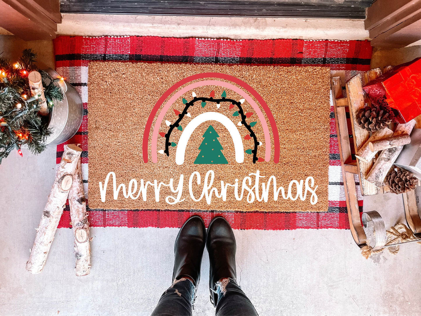 Merry Christmas Boho Christmas Rainbow Doormat