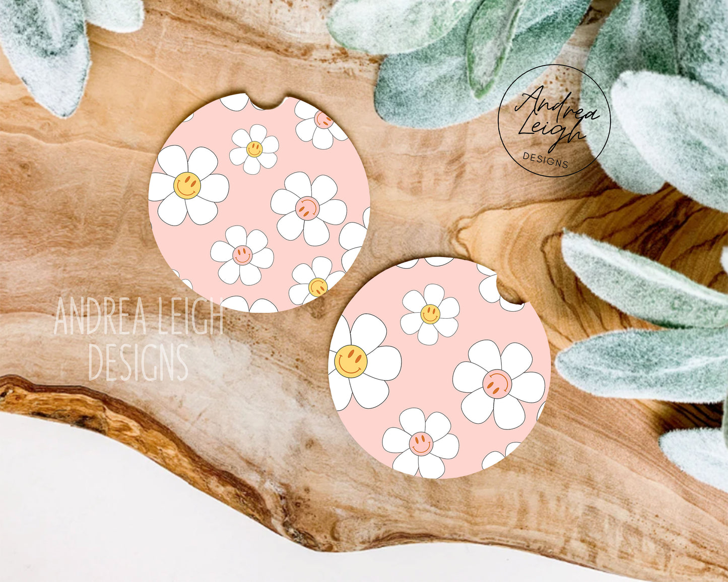 Retro Smiley Face Flower Car Coaster