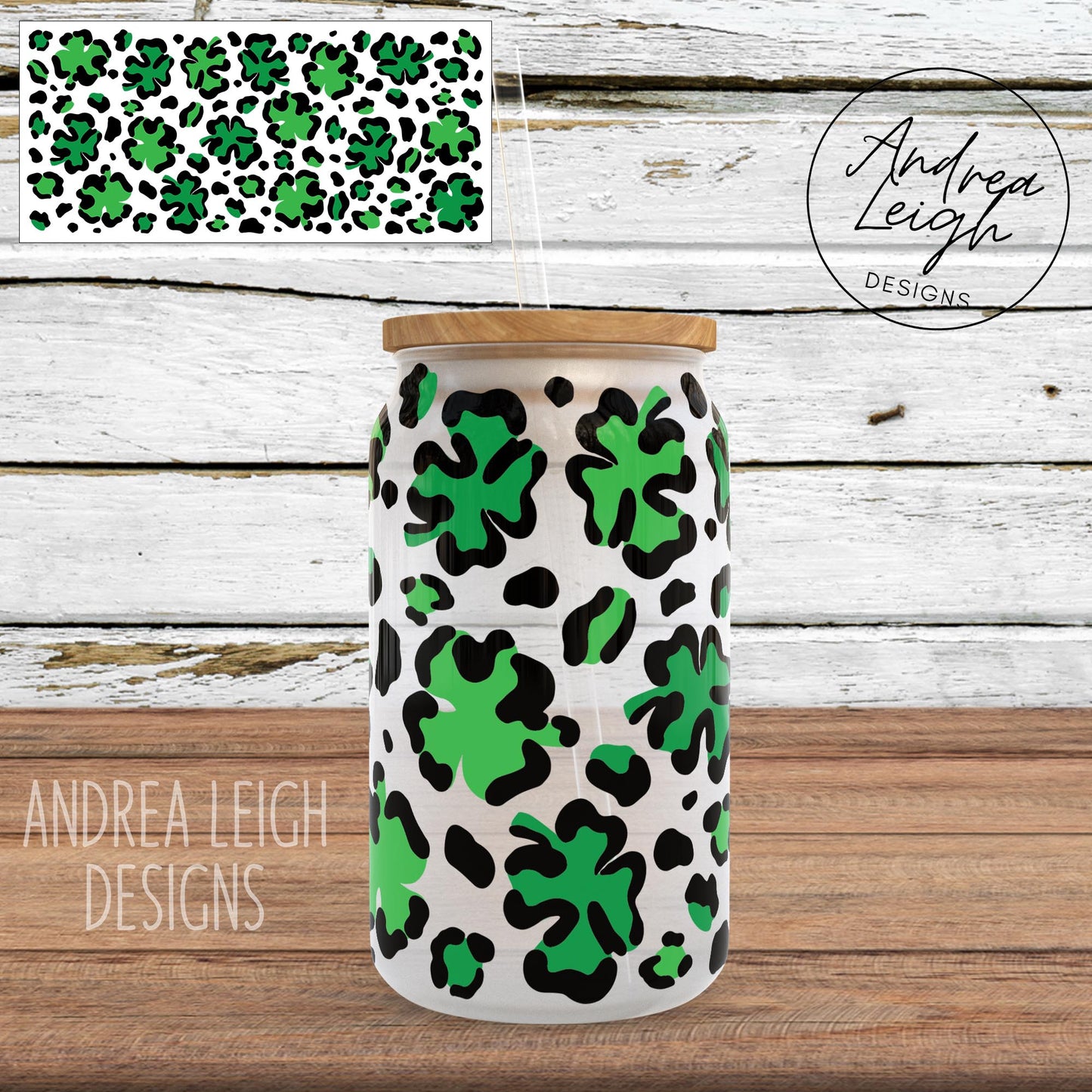 Leopard Shamrock Sublimation Glass Can Wrap