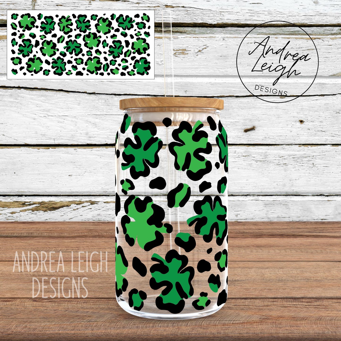 Leopard Shamrock Sublimation Glass Can Wrap