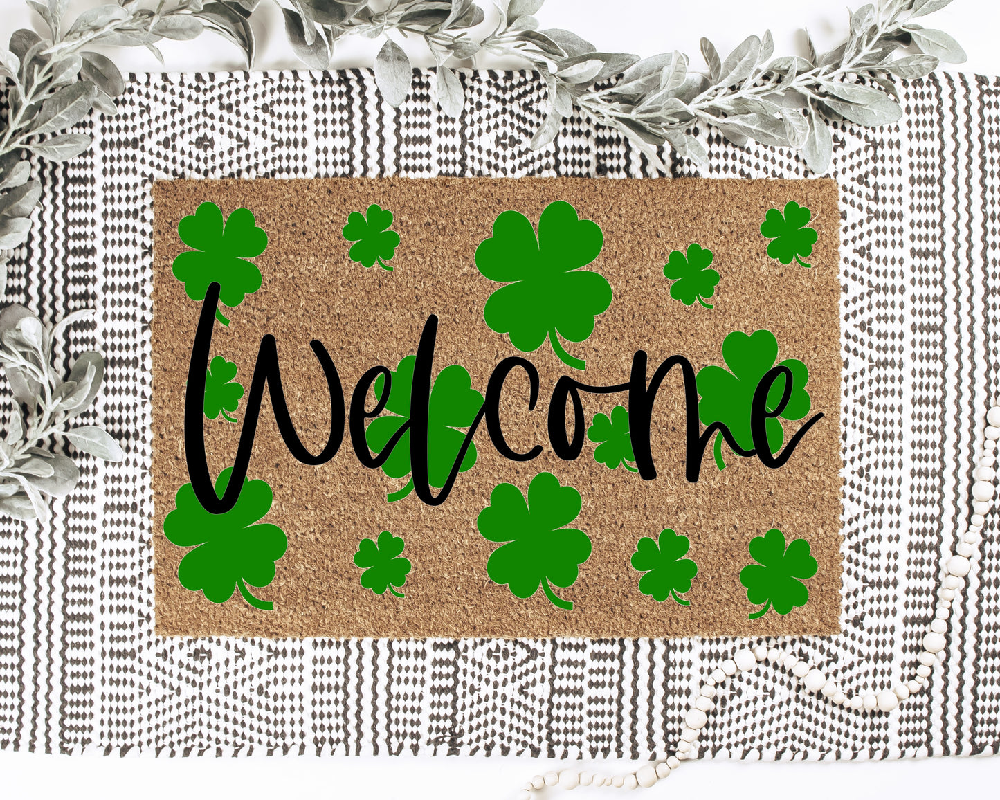 Welcome Shamrock 4 Leaf Clovers Doormat