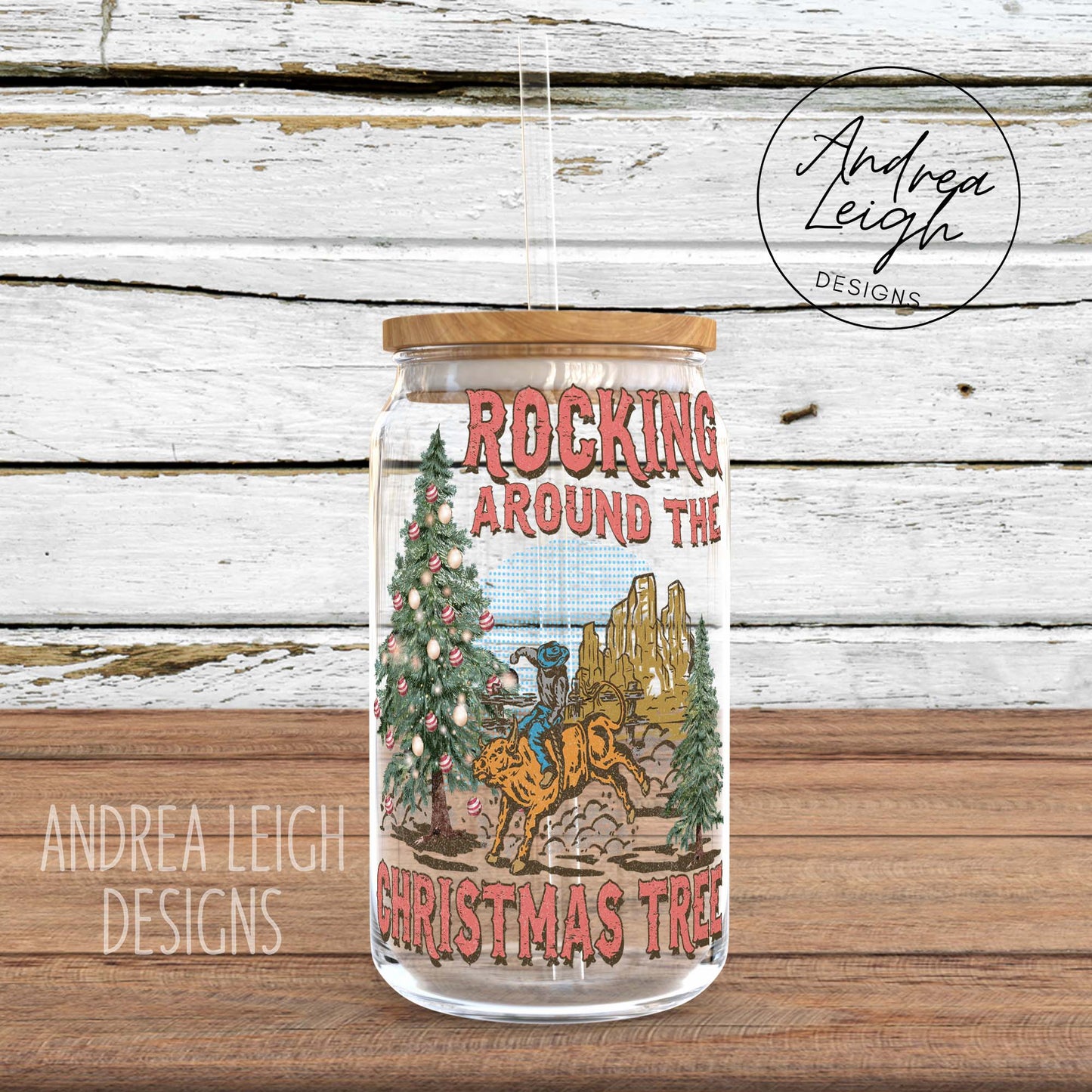 Western Rocking Around the Christmas Tree Sublimation Glass Can