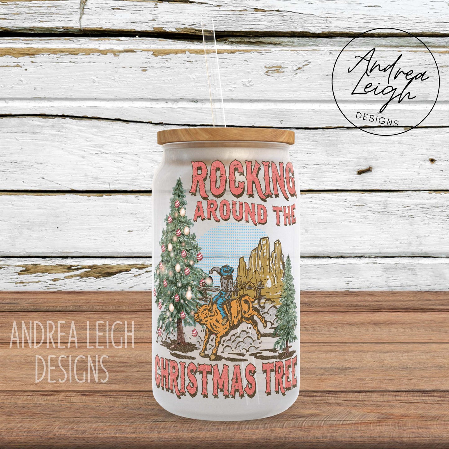 Western Rocking Around the Christmas Tree Sublimation Glass Can