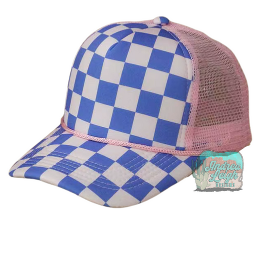 Blue/Pink Checkered Front Trucker Hat