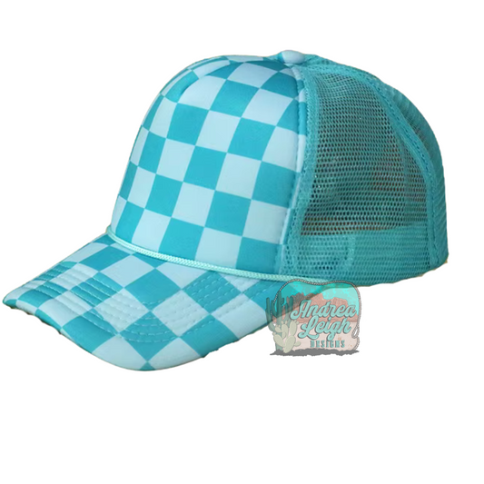 Aqua Blue Checkered Front Trucker Hat