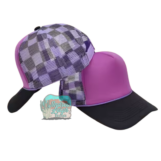 Purple Checkered Trucker Hat