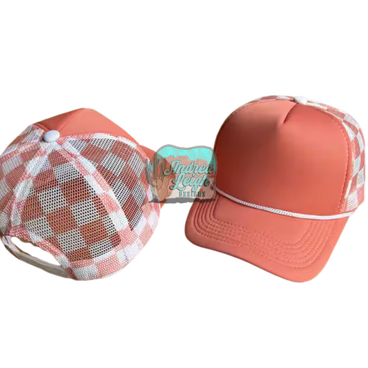 Coral Checkered Trucker Hat