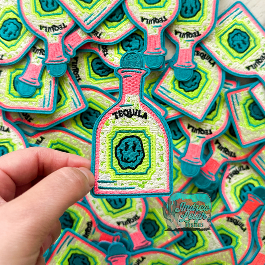 Tequila Bottle Blue Happy Face Embroidered Patch