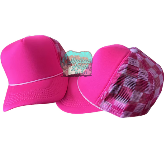 Neon Pink Checkered Trucker Hat