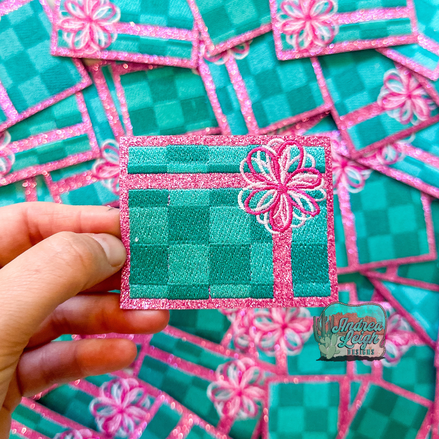 Glitter Turquoise and Pink Present Embroidered Patch