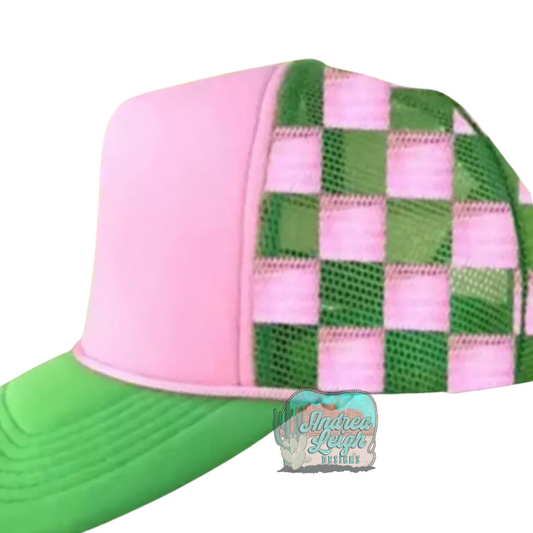 Green/Pink Checkered Trucker Hat