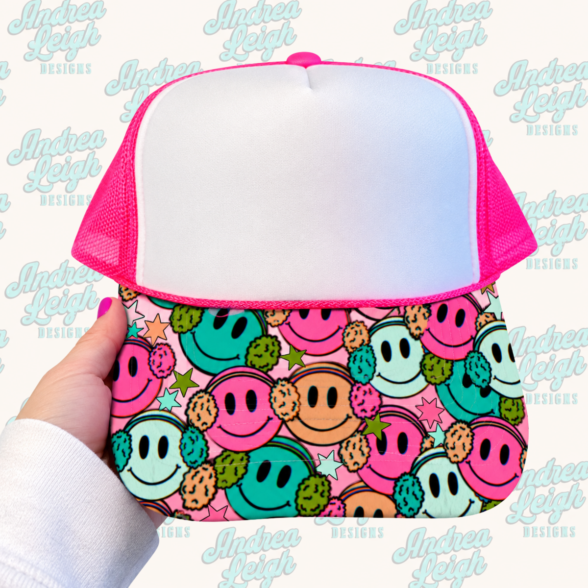 Happy Face EEar Muffs Hat Brim DTF Transfer