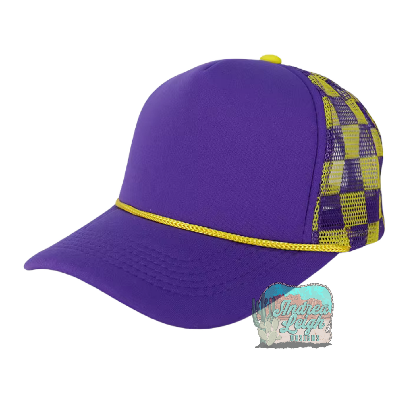 Purple and Yellow Checkered Trucker Hat
