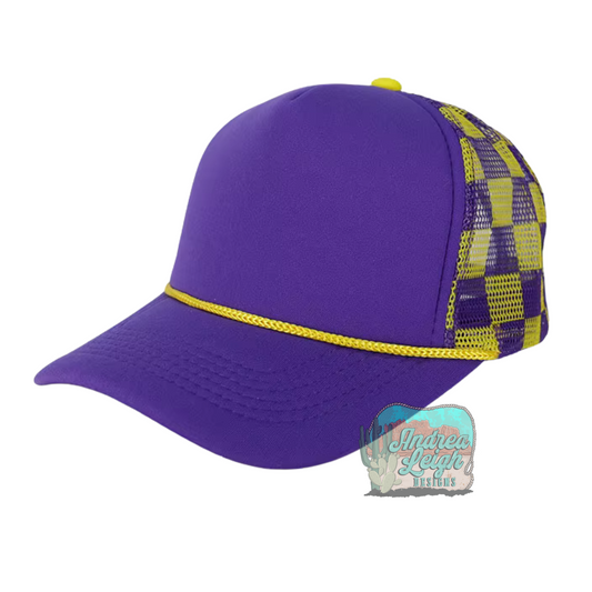 Purple and Yellow Checkered Trucker Hat
