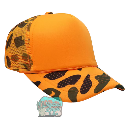 Orange Camo Checkered Trucker Hat