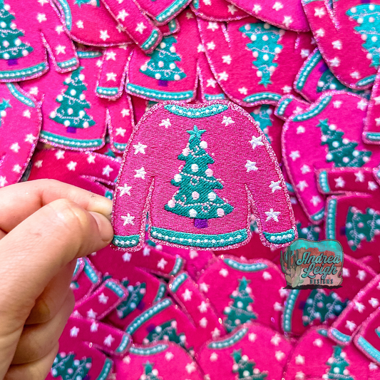 Glitter Turquoise and Pink Christmas Sweater Embroidered Patch