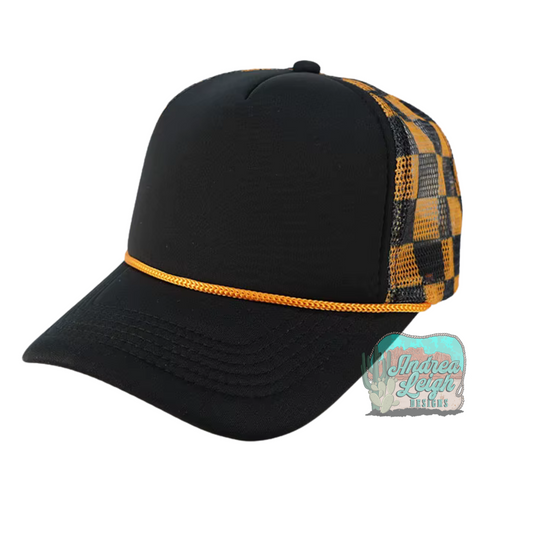 Black and Orange Checkered Trucker Hat