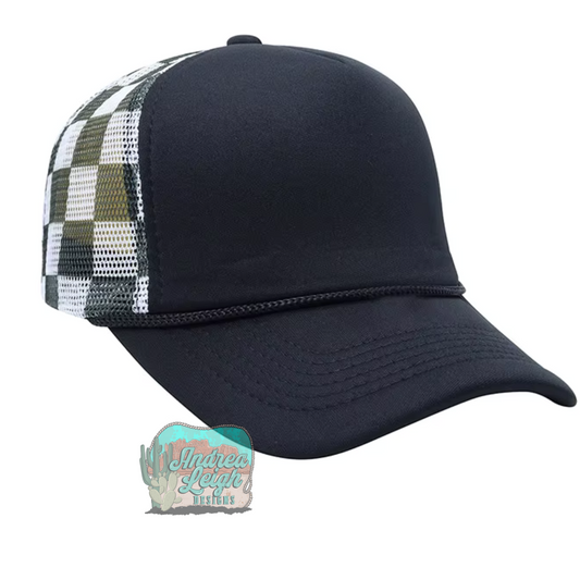 Black Front Checkered Trucker Hat