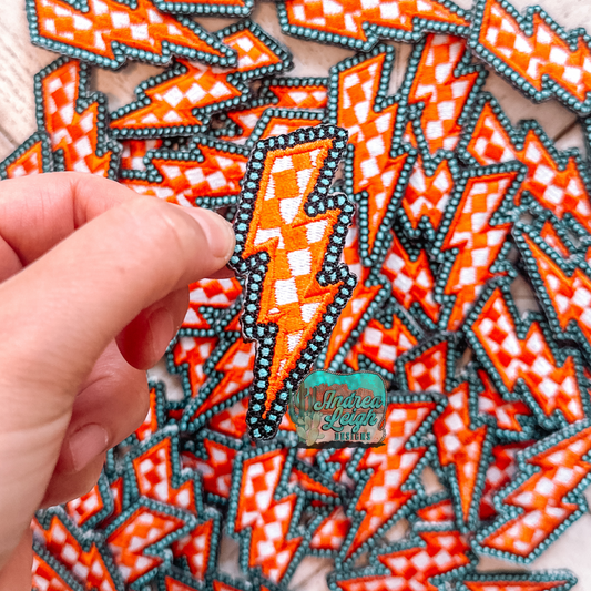 ALD EXCLUSIVE- Turquoise and Orange Checkered Lighting Bolt Embroidered Patch
