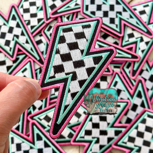 Checkered Lighting Bolt Embroidered Patch