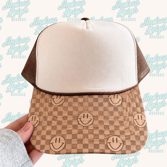 Checkered Happy Face Hat Brim DTF Transfer