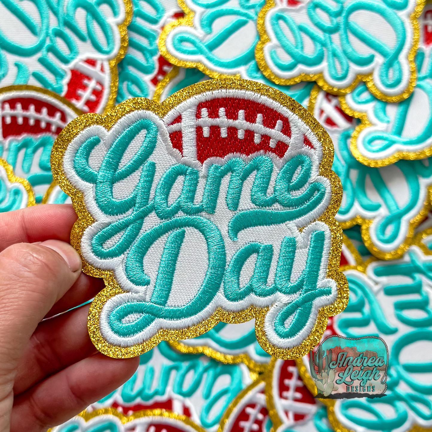 Glitter Game Day Turquoise Embroidered Patch