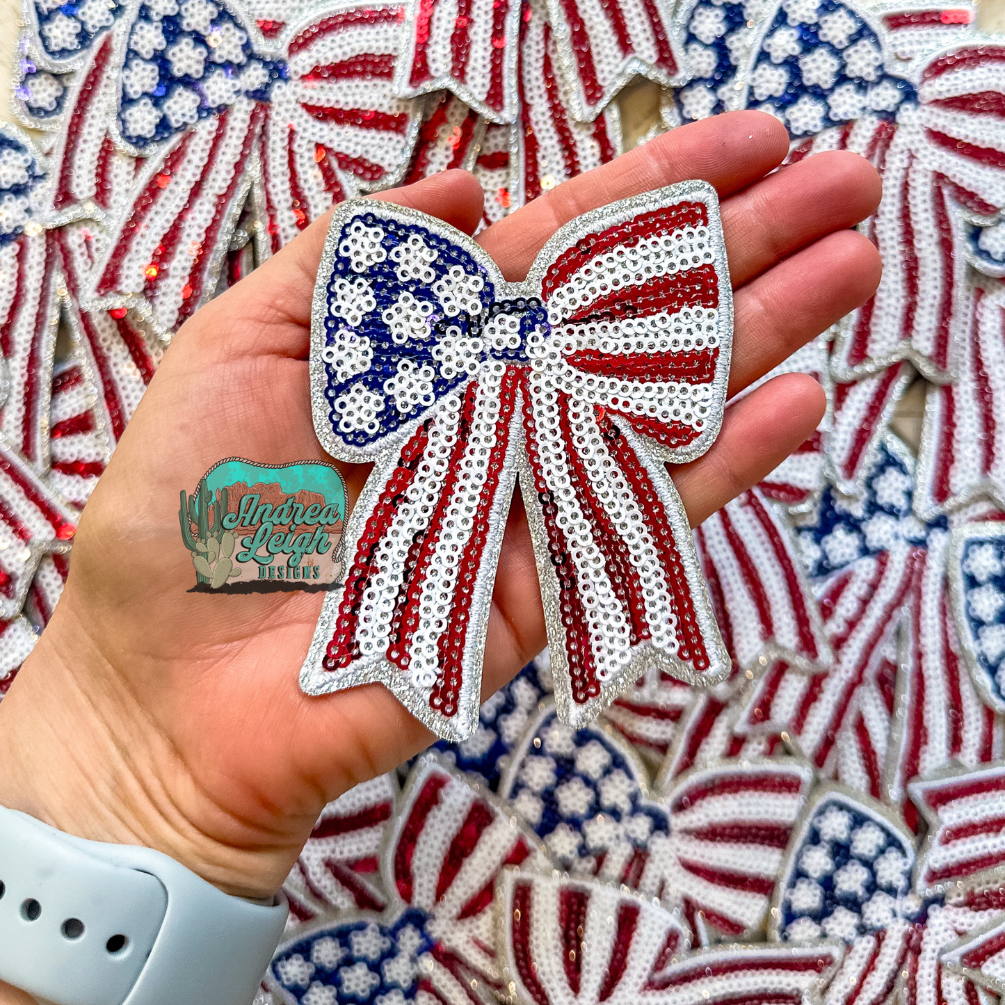 American Flag Bow Sequin Embroidered Patch