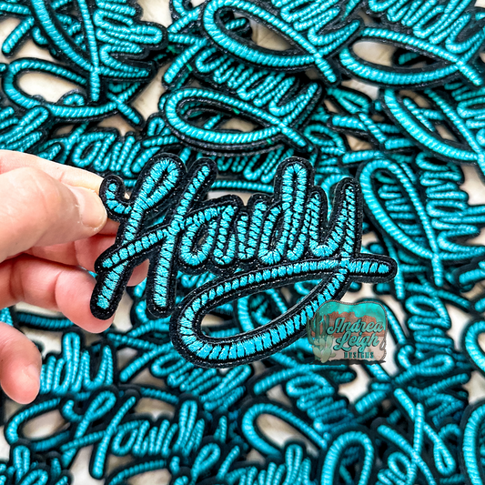 Glitter Turquoise Howdy Embroidered Patch