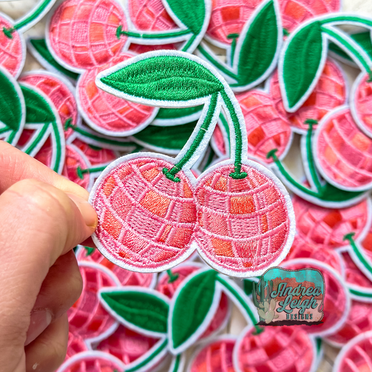 Pink Disco Ball Cherries Embroidered Patch