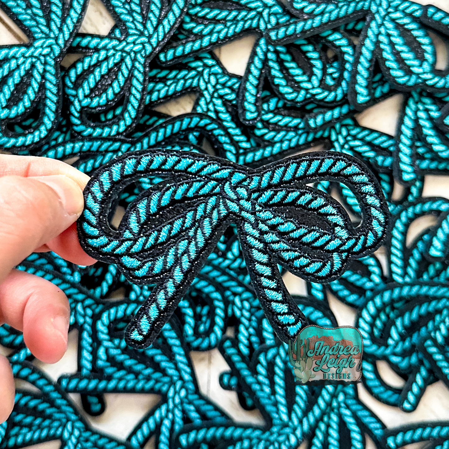 Glitter Turquoise Rope Coquette Bow Embroidered Patch