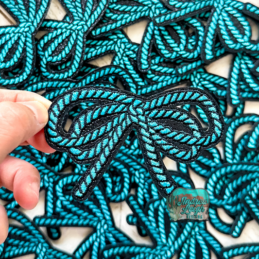 Glitter Turquoise Rope Coquette Bow Embroidered Patch