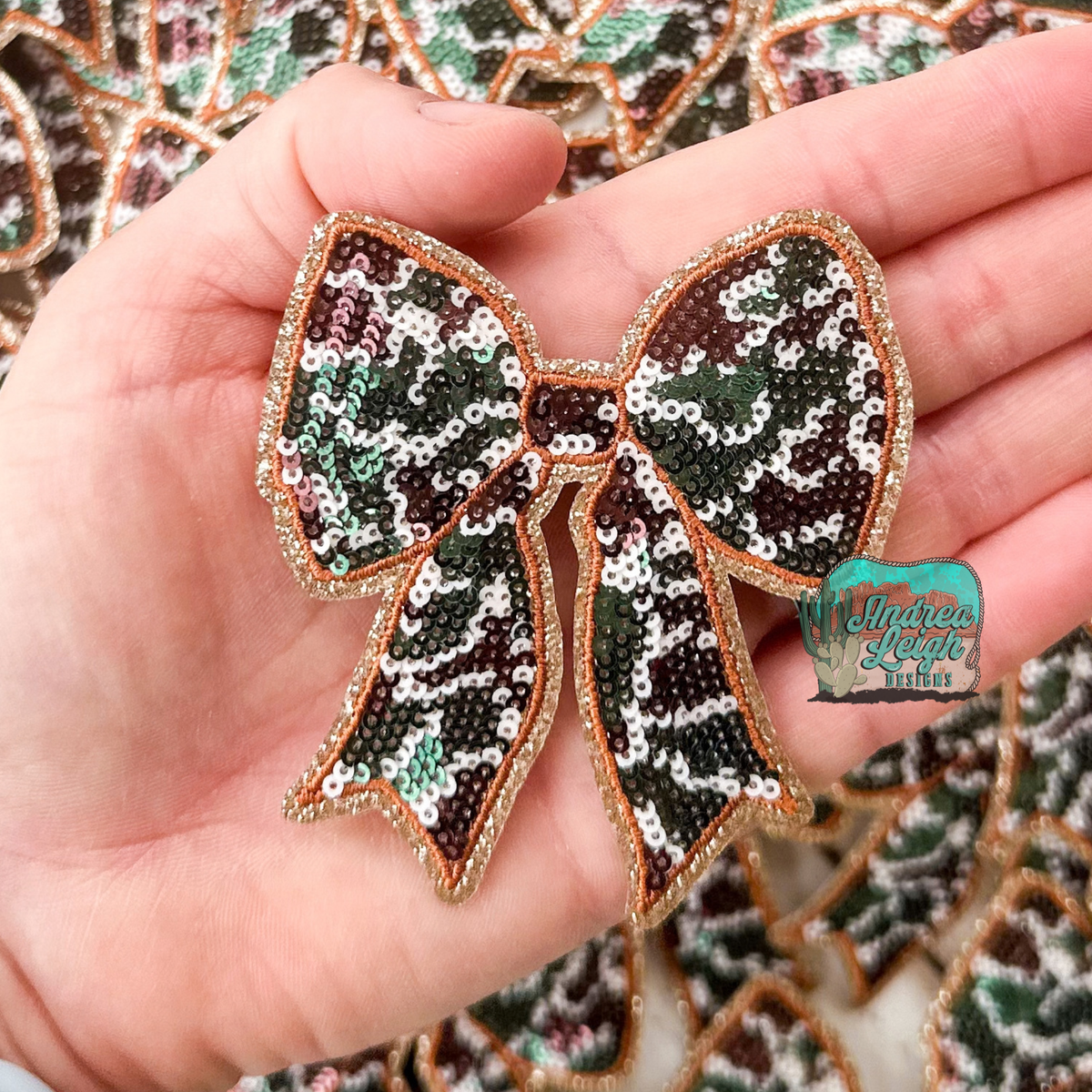 ALD EXCLUSIVE- Coquette Bow Camo Glitter Sequin Embroidered Patch