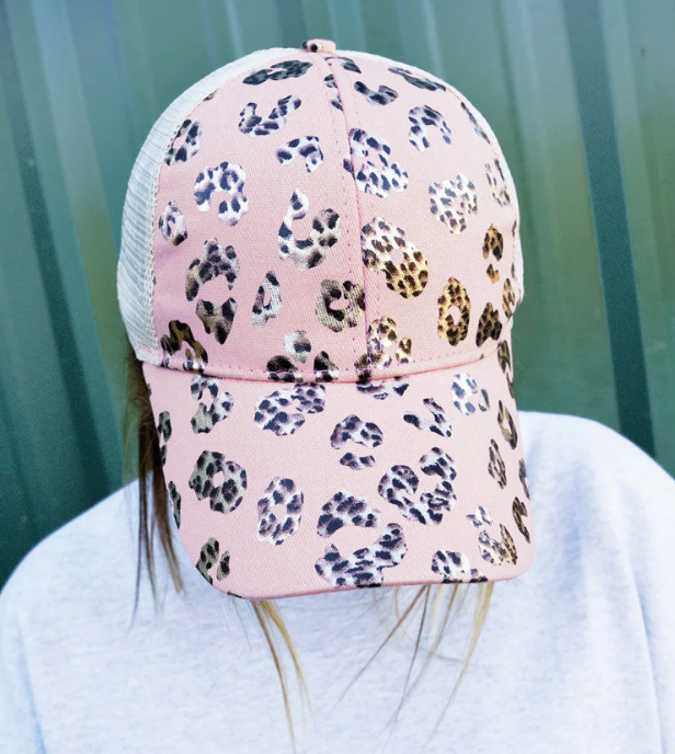 Pink Leopard Print Mesh Ponytail Cap