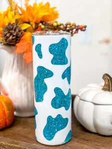 Discounted Turquoise Cow Print Glitter Tumbler