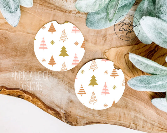 Pink Boho Christmas Trees Car Coasters