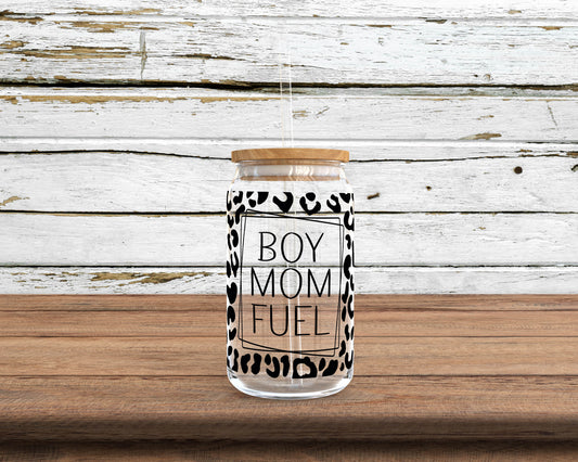 Boy Mom Fuel Leopard Glass Can