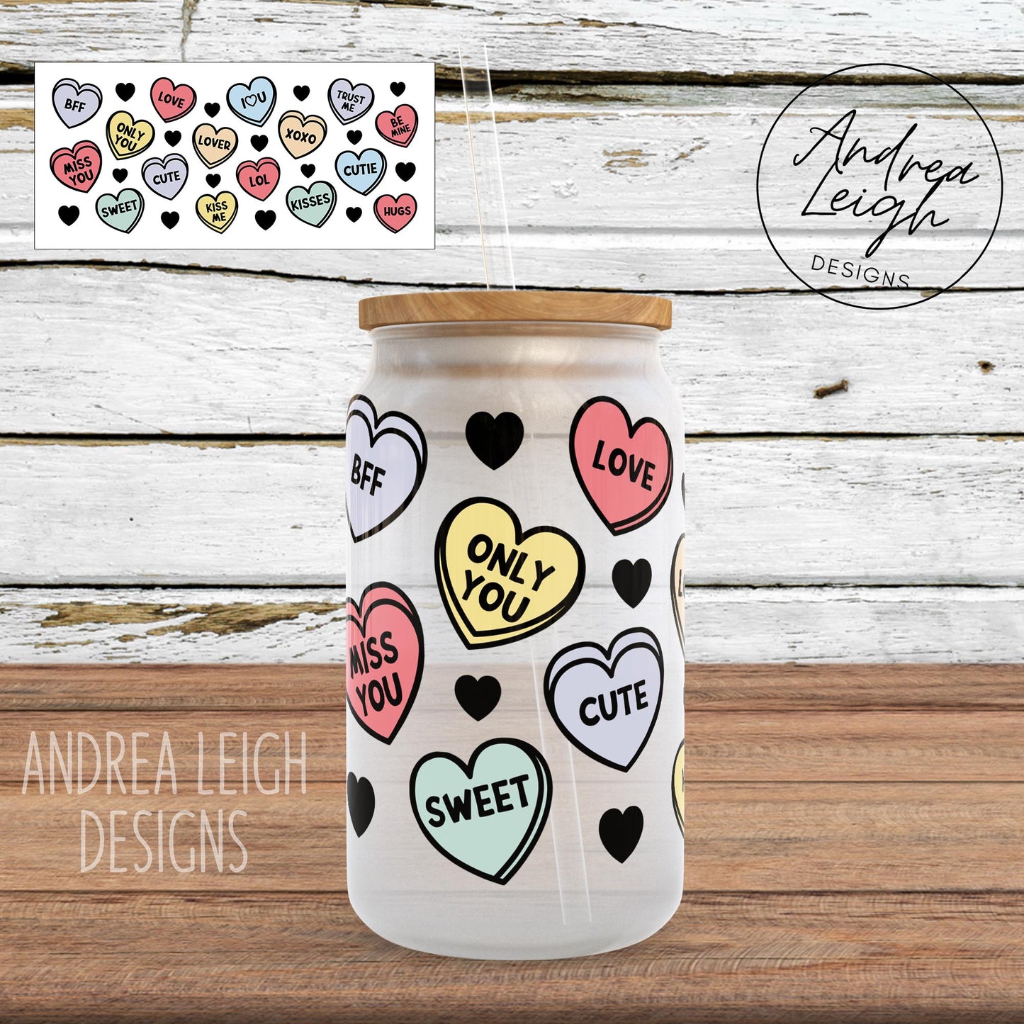 Candy Hearts Sublimation Glass Can Wrap