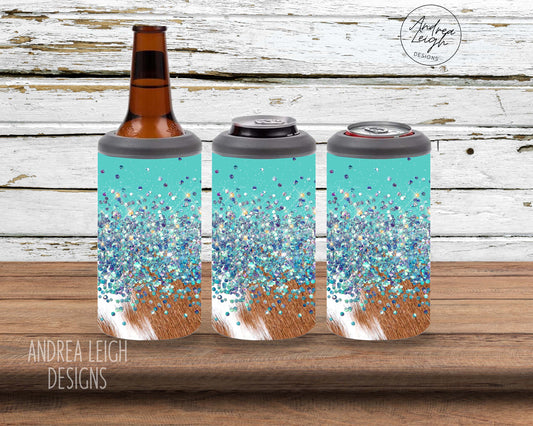 Cowhide Turquoise Glitter 4 in 1 Can Cooler