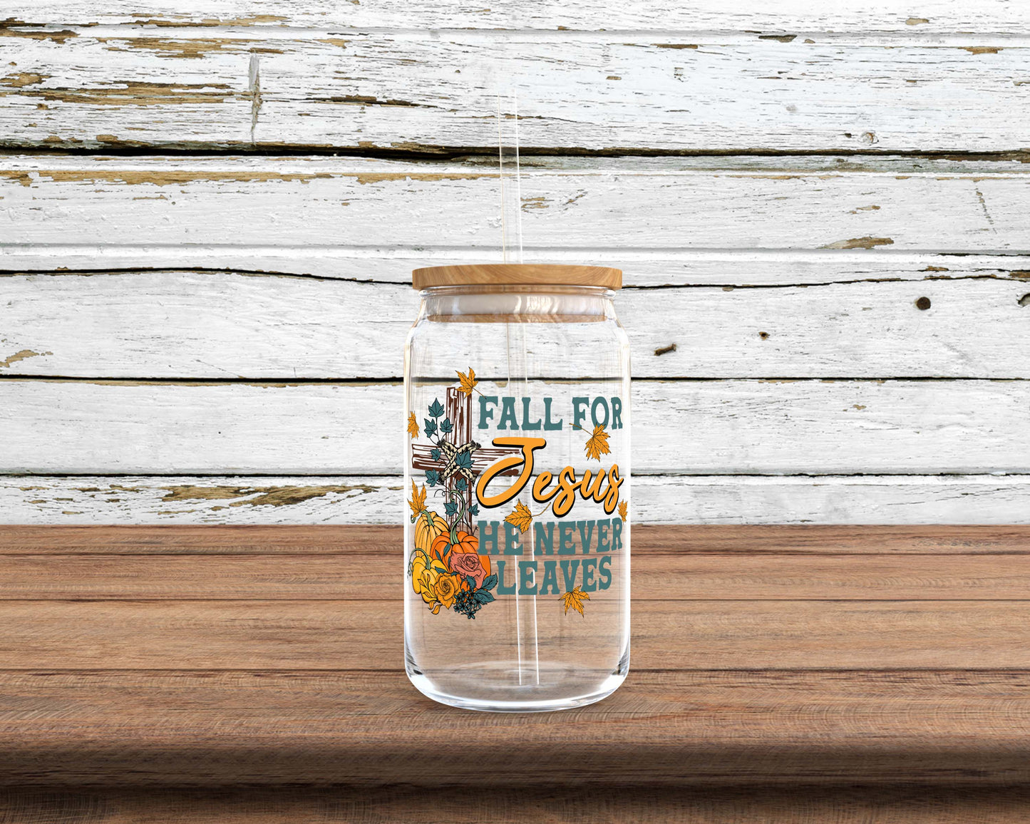 Fall for Jesus, He Never Leaves Sublimation Glass Can